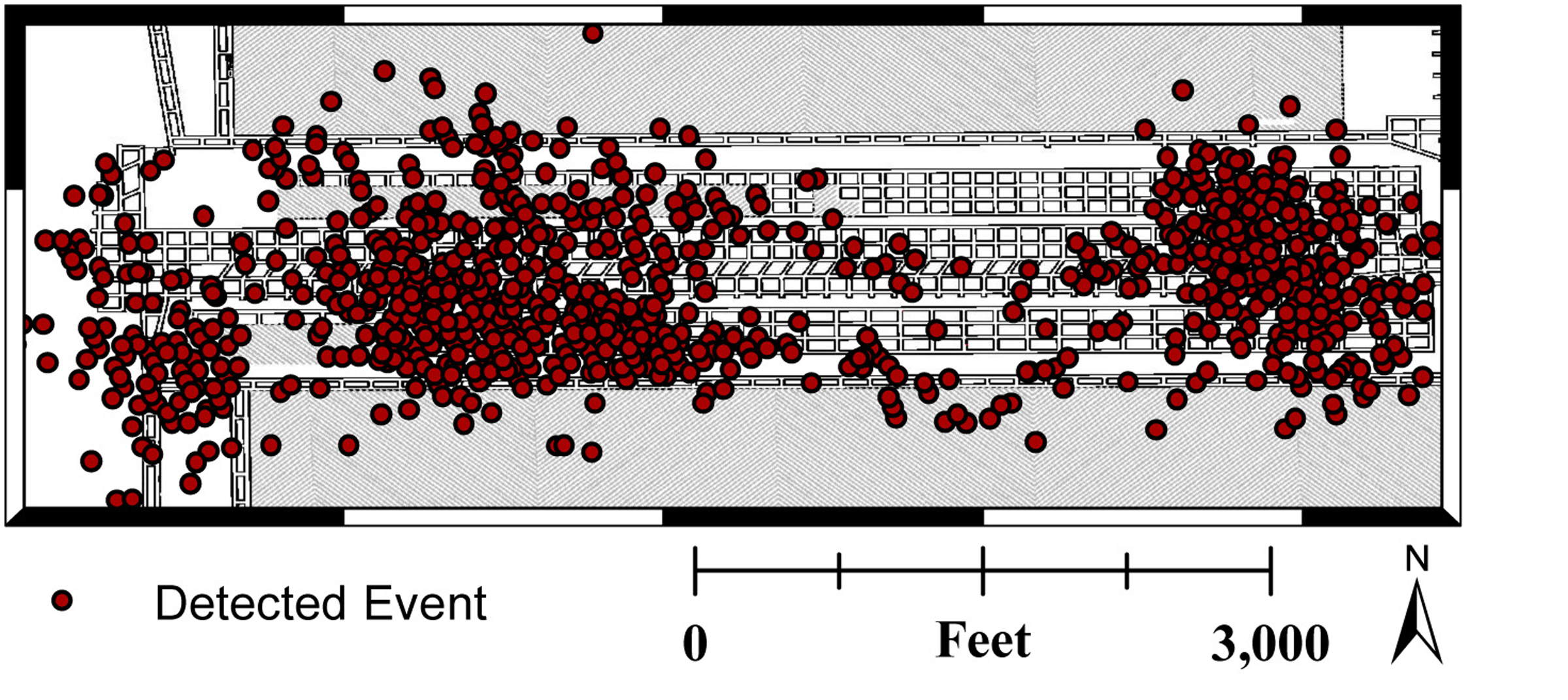 A study by University of Utah mining engineers and seismologists found 2,189 suspected seismic events before and after Utah's deadly Crandall Canyon coal mine collapse in 2007, and 1,328 of those events have a high probability of being real: 759 seismic events before the collapse (many related to mining) and 569 aftershocks (some related to rescue efforts). The high-probability events shown here reveal seismic activity clustered in three areas, two of which already were known: near the east end of the mine (right) and where miners were working, toward the west end of the mine (left of center).  But the third cluster, at the mine's west end (far left) was revealed by the new study. It shows the collapse was at least as big and possibly larger than a 2008 University of Utah study that revealed the collapse extended from the east part of the mine to the area where miners were working. For comparison, see other map.