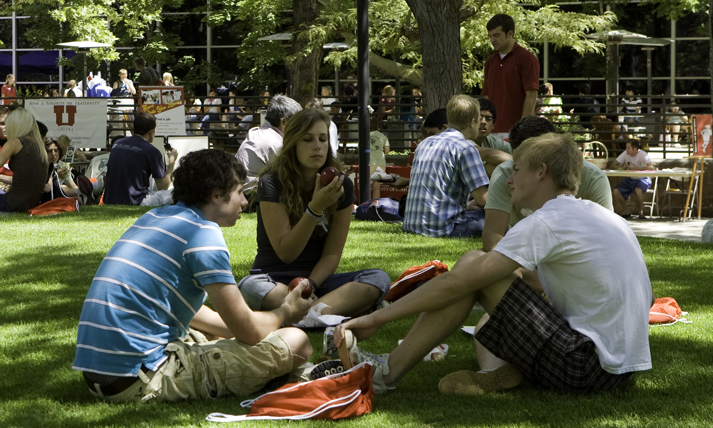 Students gather on the lawn outside the University Union.