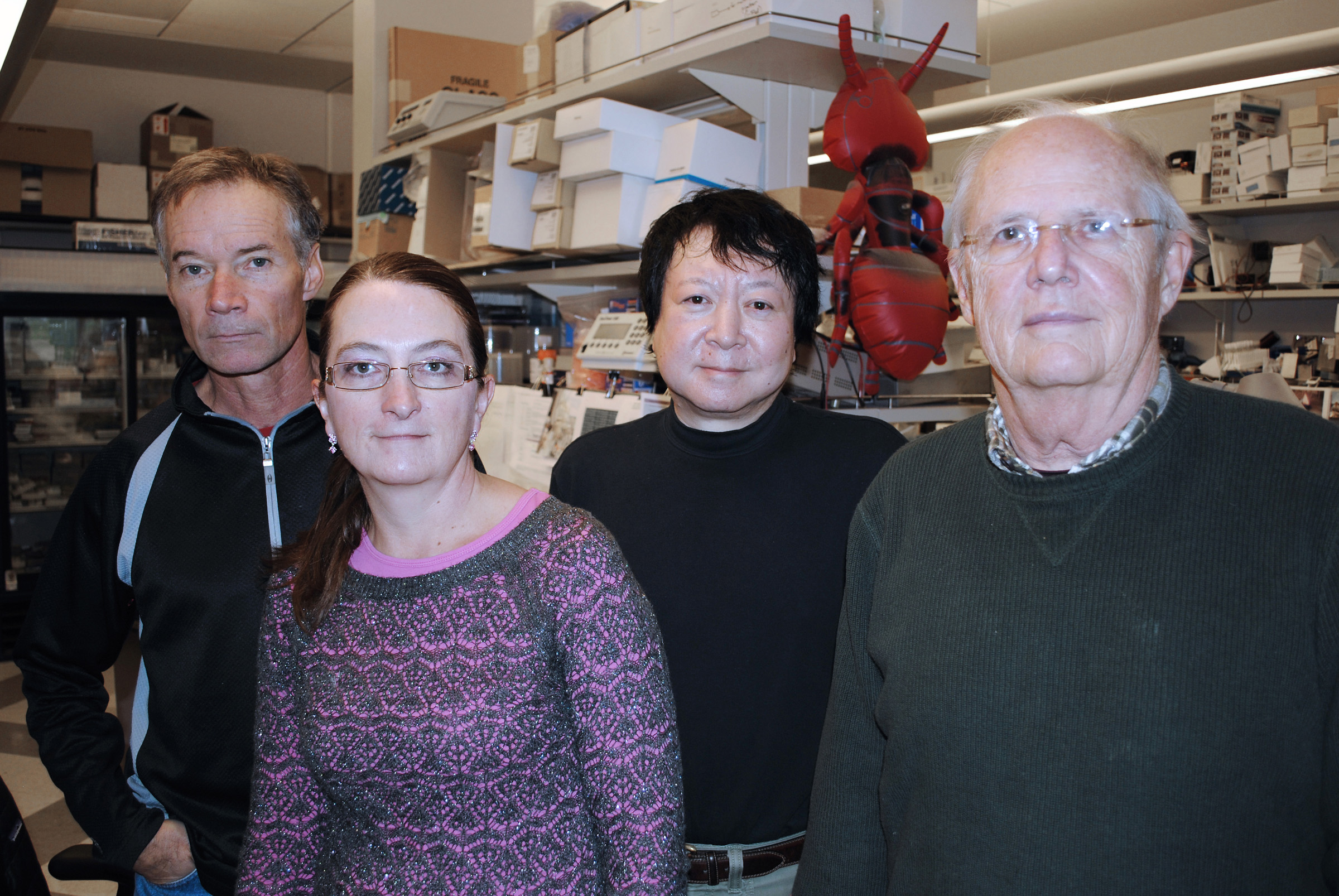 •	University of Utah researchers collaborated with other institutions on a long-term research project that is helping extend our understanding of genes related to autism spectrum disorder. Pictured are (left to right) Jeff Stevens, Lisa Baird, Nori Matsunami and Mark Leppert.