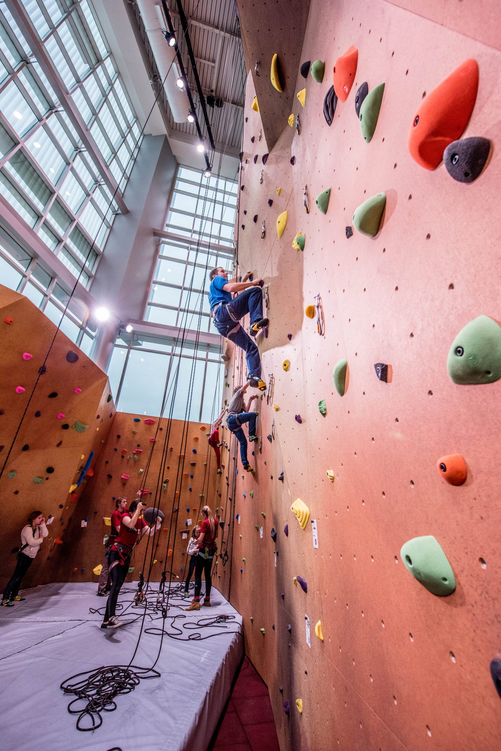 The 54-foot climbing wall and bouldering center at the George S. Eccles Student Life Center is a great way for students and staff to learn climbing and belaying skills as part of their fitness routines.