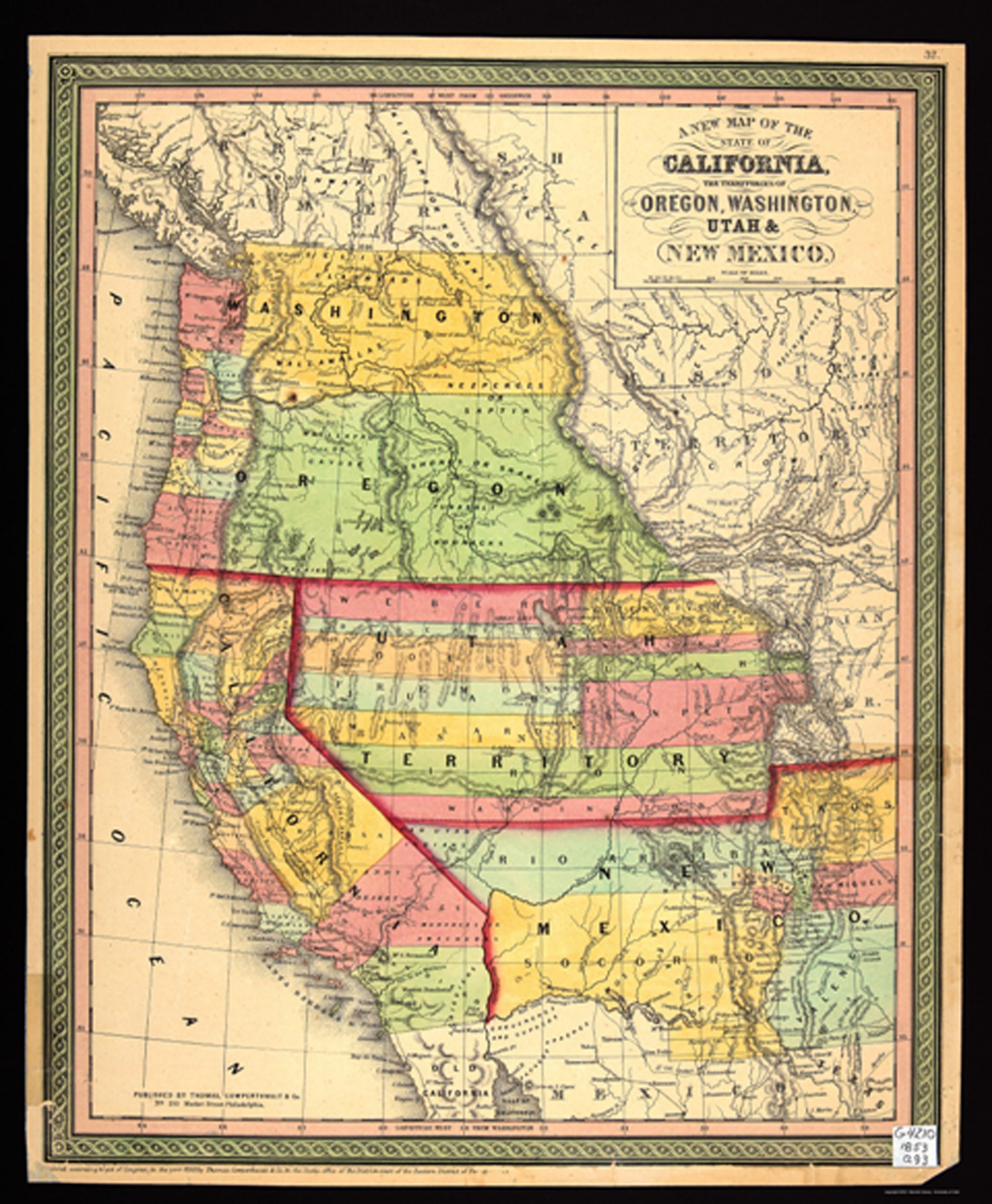 Early map of California, including the territories of Oregon, Washington, Utah and New Mexico, depicting the trails of the early Mormon migration in 1853.