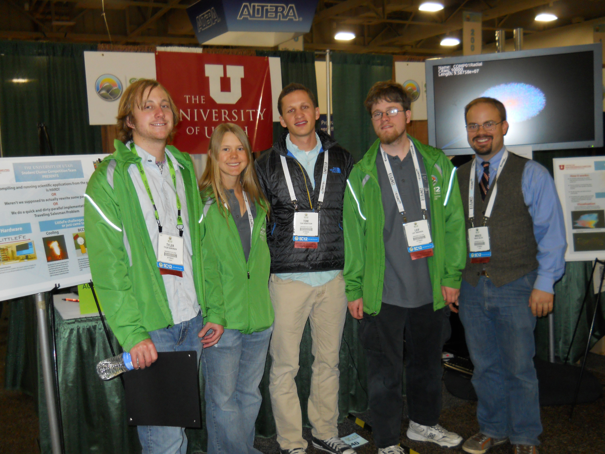 Six University of Utah computer science students won a contest Thursday in which they built a small supercomputer during the SC12 international national supercomputing conference, held at the Salt Palace Convention Center in Salt Lake City. Shown here, from left to right, are five of the winning students: Tyler Sorenson, Kathryn Rodgers, Tom Robertson, Leif Andersen and Bruce Bolick. The sixth winner, Ian King, is not shown.