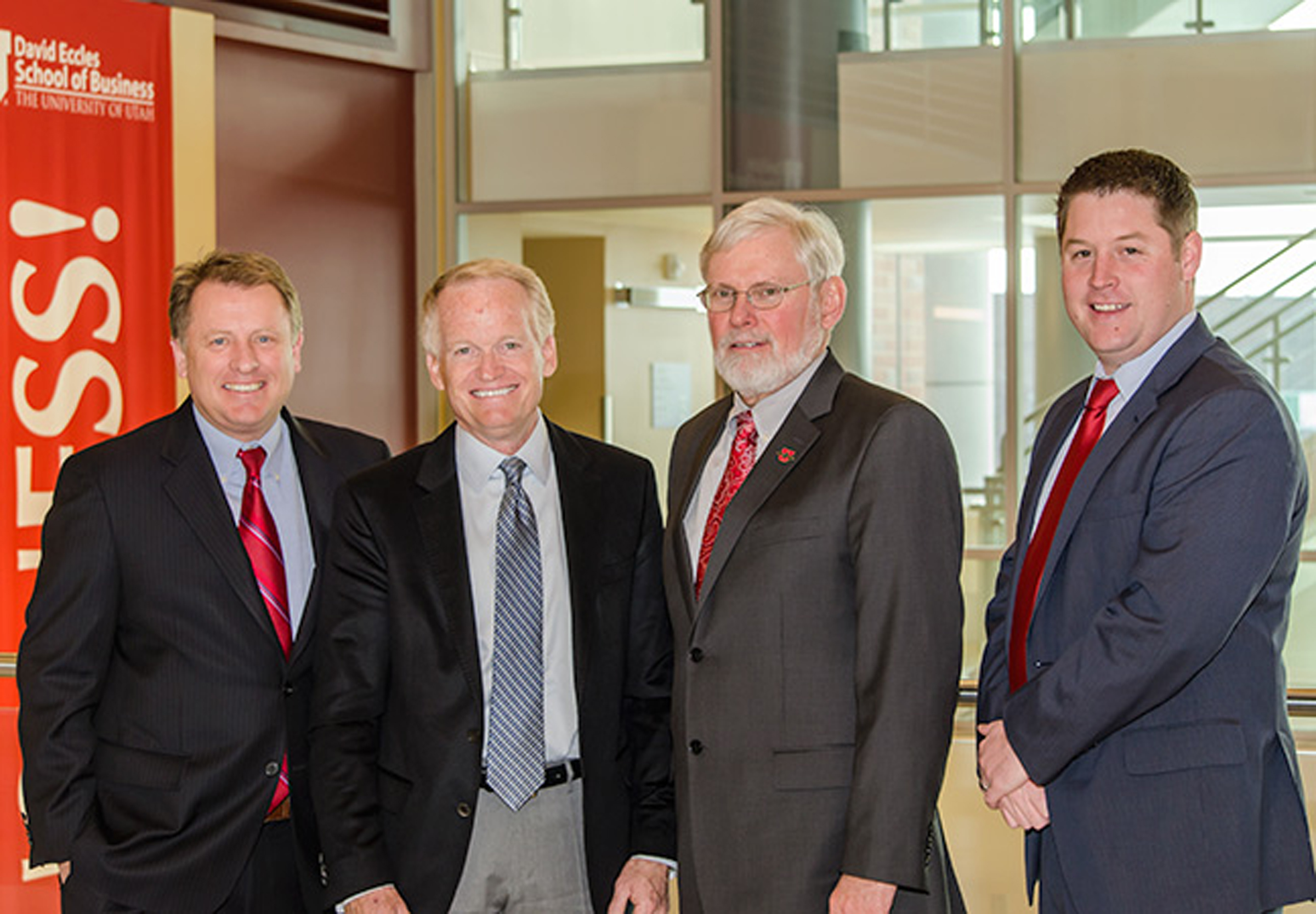 (left to right) David Eccles School of Business Dean Taylor Randall, James Lee Sorenson, University of Utah President David Pershing, and Lewis Hower, managing director of the James Lee Sorenson Center for Global Impact Investing.