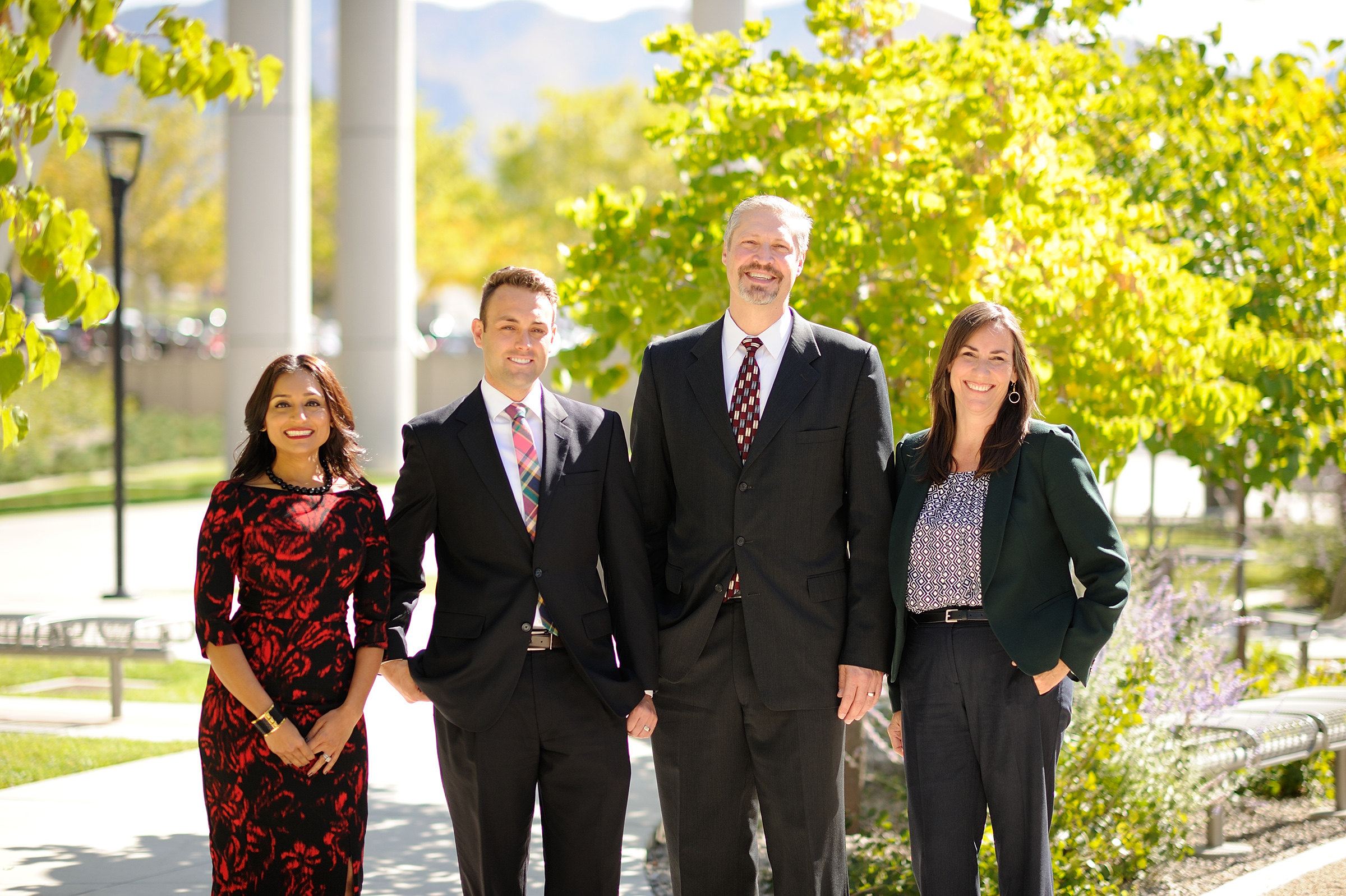 The Executive MBA program at the U’s David Eccles School of Business was recently ranked No. 30 in the nation by Financial Times. These students are from the EMBA program’s class of 2015. From left: Chaitali Patel, vice president and director of business development and strategic partnerships at Zions Bank; Josh Young, vice president and general manager for YESCO; Marty Steckler, director of network and industry development, B2B operations and prepaid systems assurance for American Express; and Brooke Karrington, principal at KG Financial Forensics.