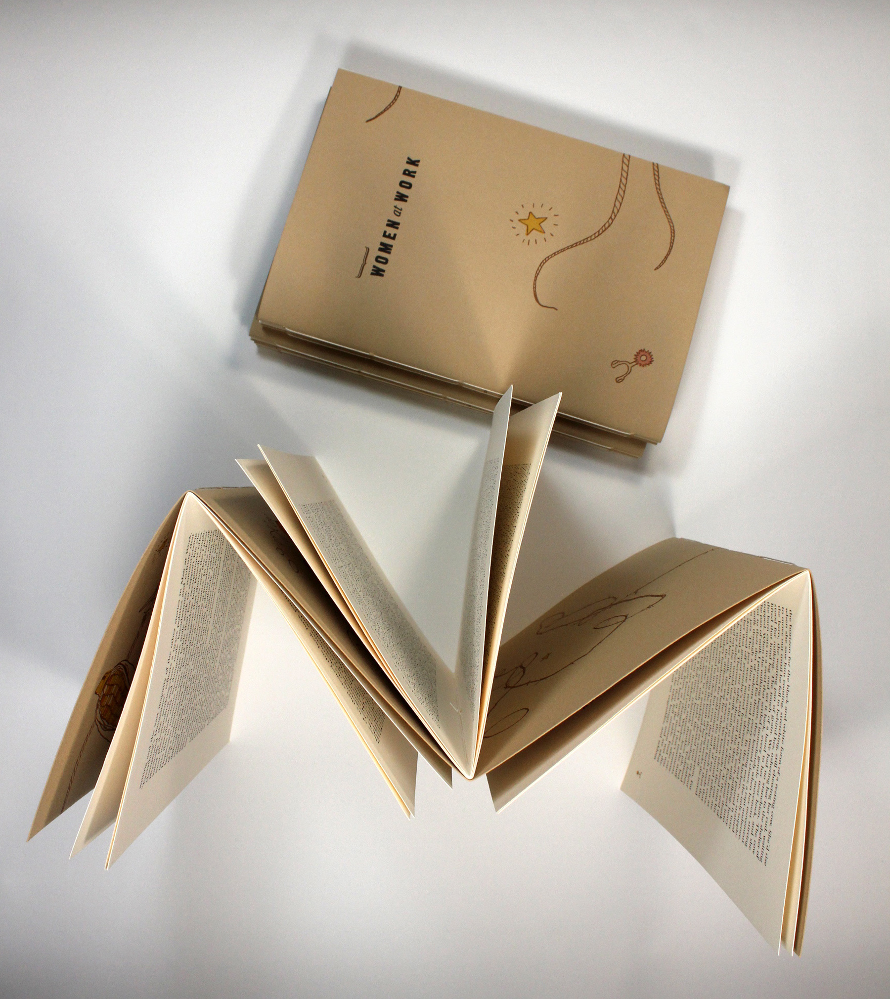 Hand-crafted copies "Wo/Men at Work" produced by the University of Utah's, Book Art program.