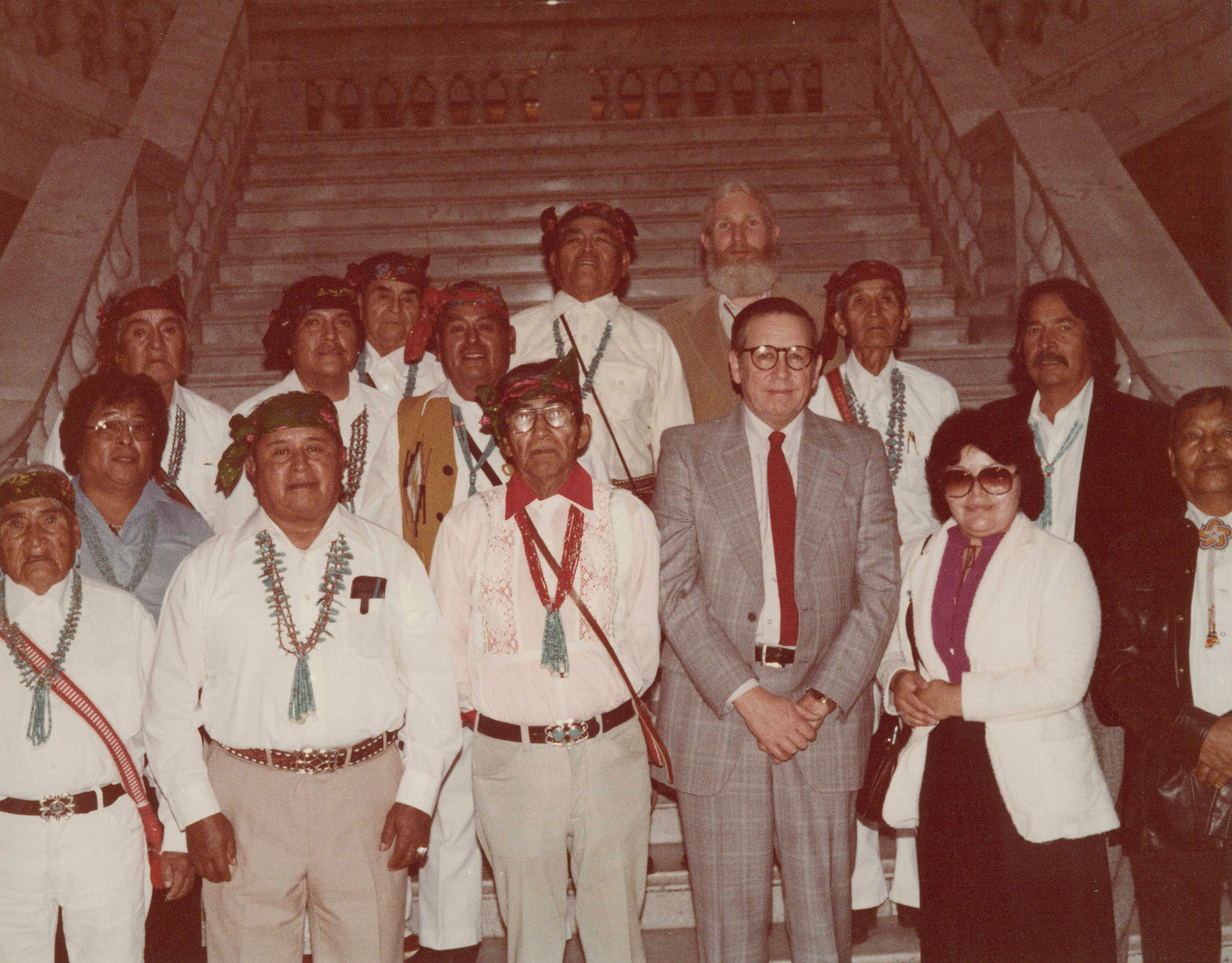 Zuni delegates and former American West Center director Floyd A. O'Neil at the Utah Capitol during the Zuni land claims trial, 1981. O'Neil was director from 1986-1996 and has worked at the center continuously since 1967.