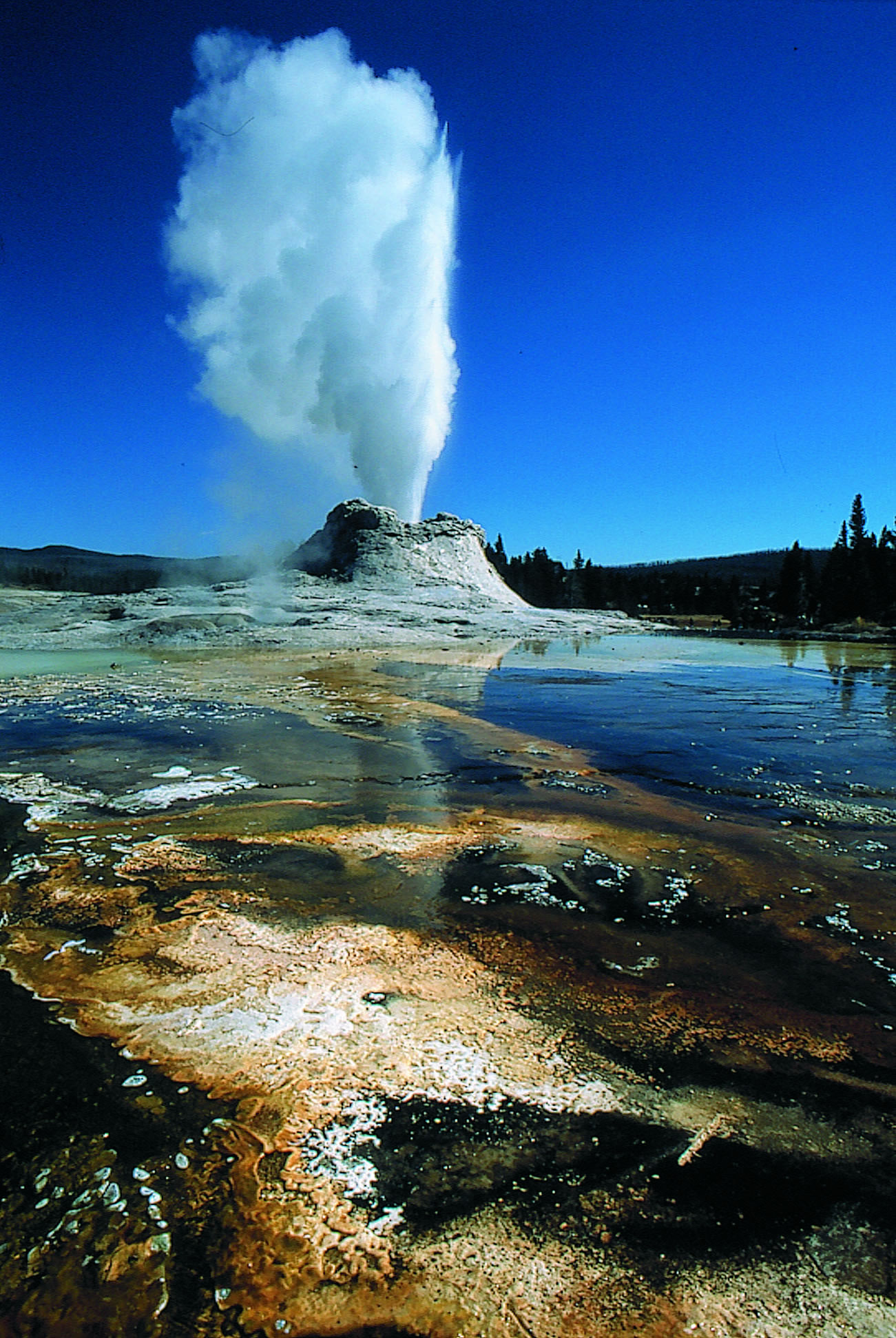 Castle Geyser at Yellowstone National Park, Wyo., erupted less frequently after seismic waves from a powerful earthquake almost 2,000 miles away in Alaska rippled through Yellowstone in November 2002. Some geysers erupted more often, others less often in the wake of the magnitude 7.9 Denali fault earthquake.