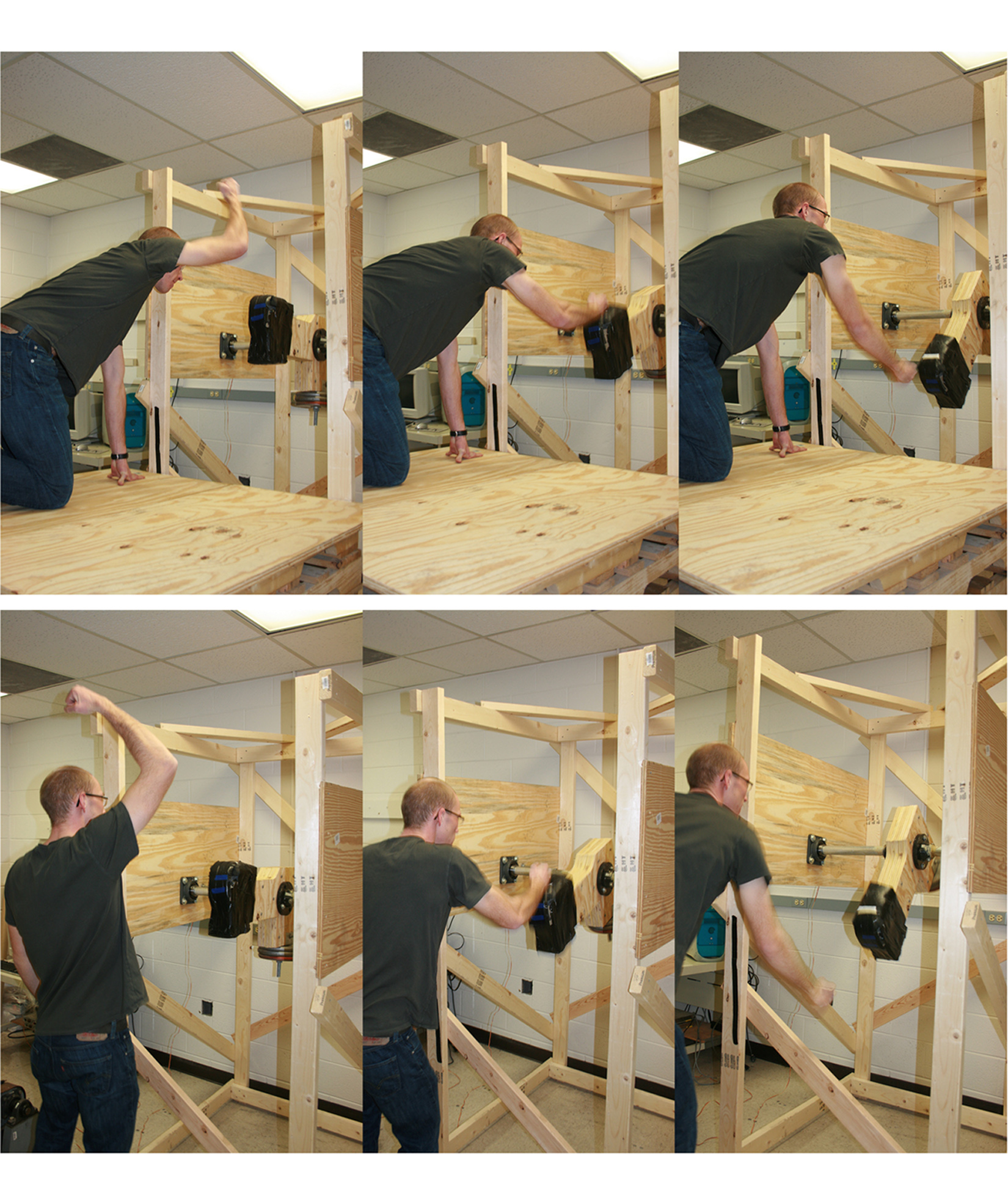 These two photo sequences depict a key part of a University of Utah experiment that showed why there is a fighting advantage to walking on two legs and being tall -- something that may help explain why ape-like human ancestors started walking upright and why women today tend to prefer tall men. In the top three photos, a participant in the study kneels with four limbs on the ground and then raises one arm to strike downward on a padded block equipped with sensors to measure the force of the blow. The bottom three photos show the same experiment, but with the blow delivered from an upright position. The study found that blows delivered downward from a two-legged posture are more powerful than downward blows from an all-fours posture, or than any blows delivered upward, from the front or sideways.