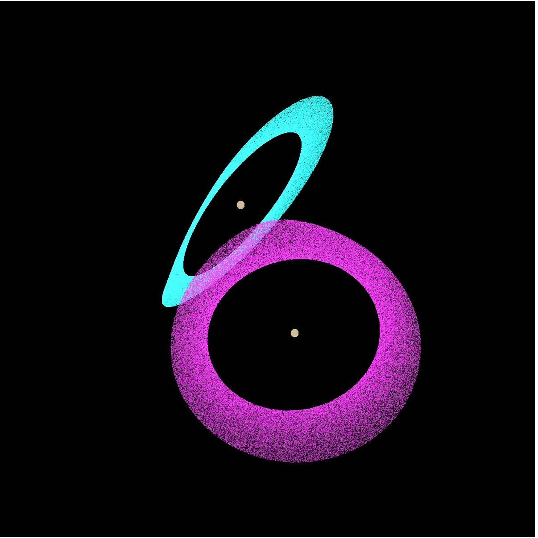 Our sun and a passing star may have exchanged small planets and dust as they flew by each other. In the first stage shown in this image of a computer simulation, dust and planets orbit in circular disks in each of the two solar systems.