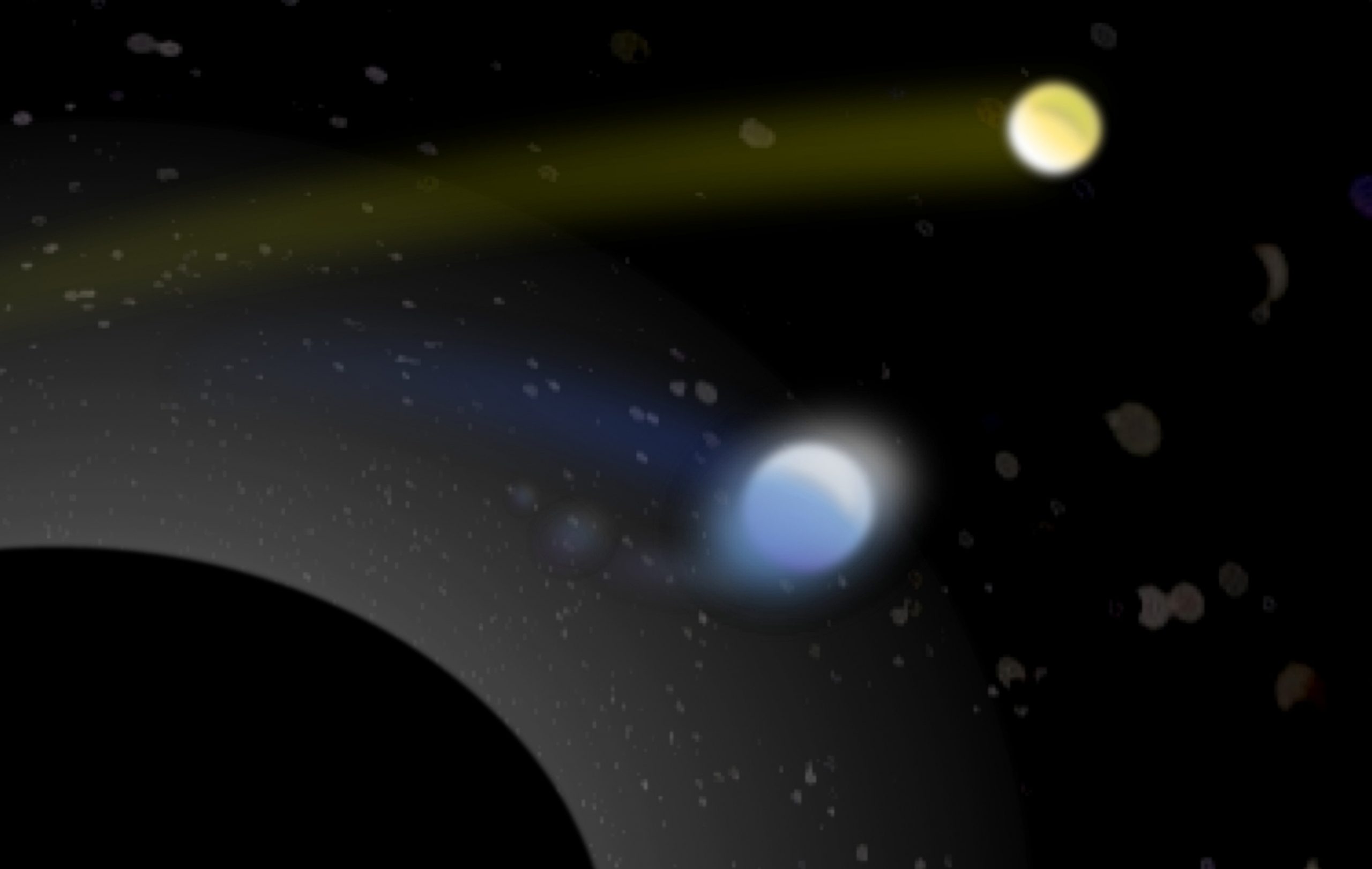 Artist’s conception of a supermassive black hole (lower left) with its tremendous gravity capturing one star (bluish, center) from a pair of binary stars, while hurling the second star (yellowish, upper right) away at a hypervelocity of more than 1 million mph. The grayish blobs are other stars captured in a cluster near the black hole. They appear distorted because the black hole’s gravity curves spacetime and thus bends the starlight.