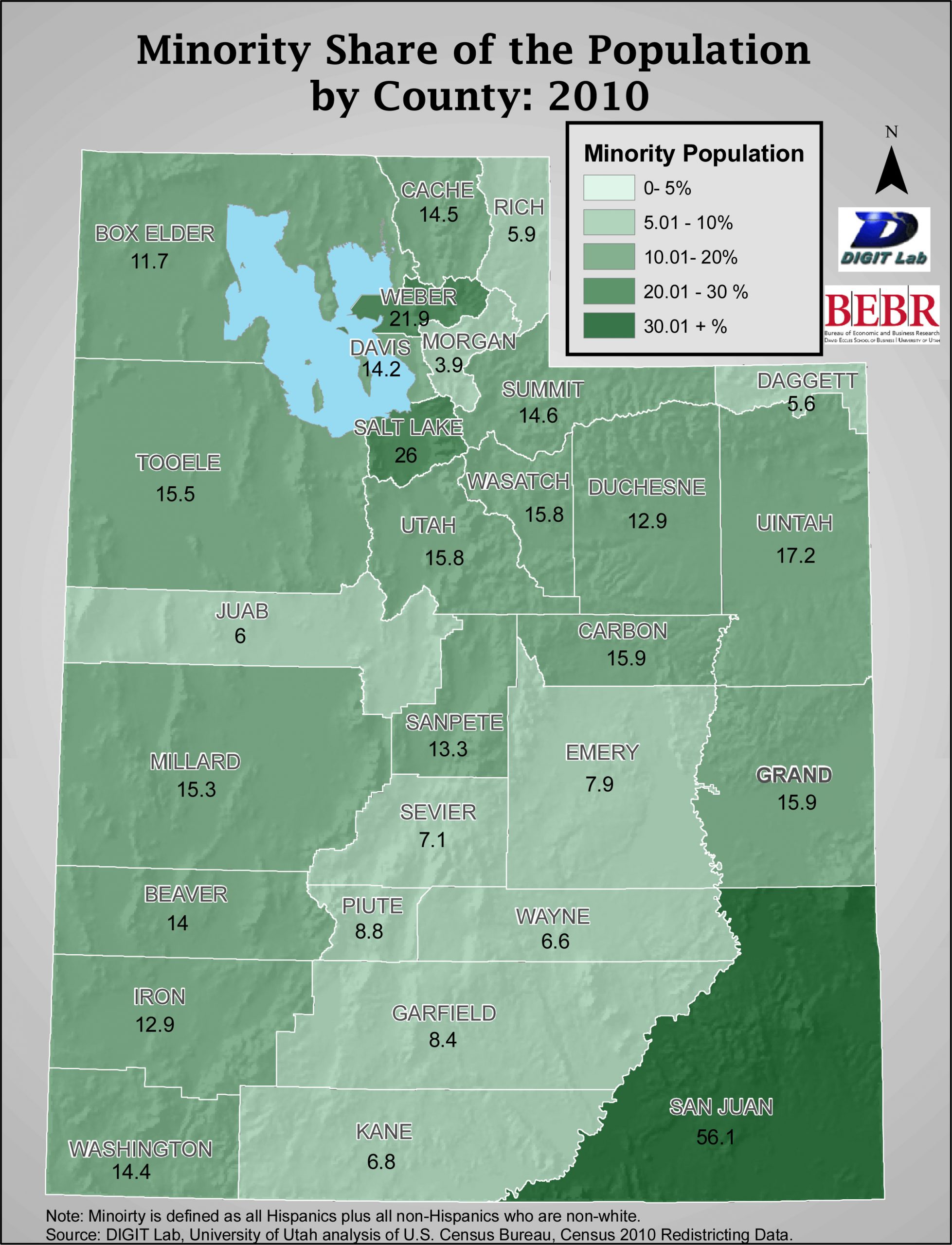 The University of Utah's Bureau of Economic and Business Research (BEBR) is closely analyzing census data from Utah because of its potential to reshape the state's political boundaries. This map shows what percentage of each county's population in 2010 is shared by minorities (defined as Hispanics and non-whites). The analysis has found that minorities accounted for 40 percent of the overall population increase for Utah from 2000 to 2010, and the state's minority population rose by 213,262 in that time period--a 65 percent increase.