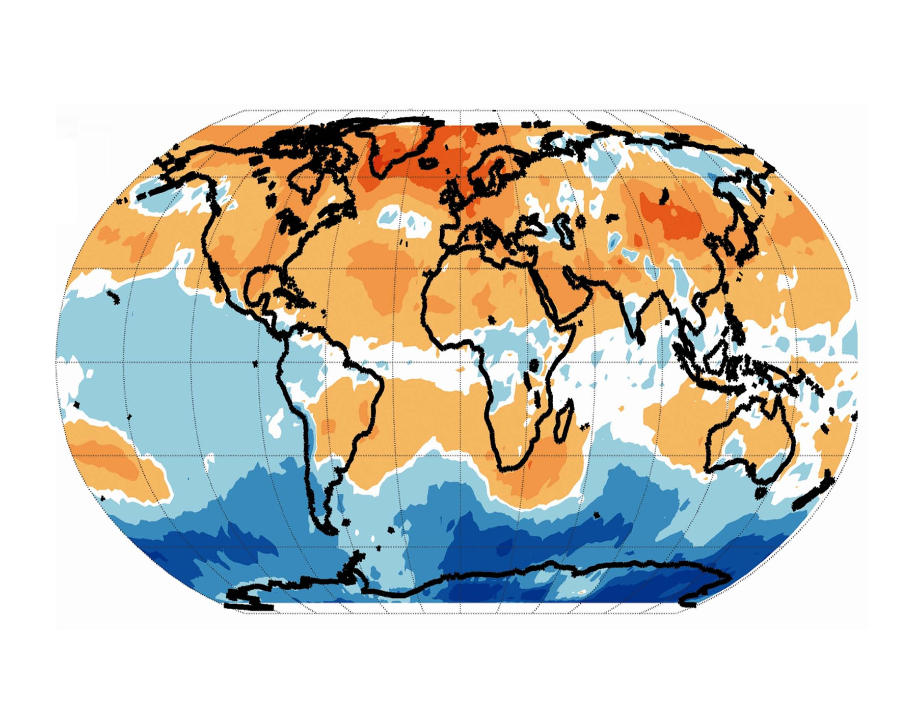 This map of the Earth shows areas of particularly strong warming of the lower atmosphere in yellow, orange and reddish colors. Note the enhanced warming of midlatitude regions north and south of the equator, indicating the expansion of the tropics. The map also shows pronounced warming at Arctic latitudes.