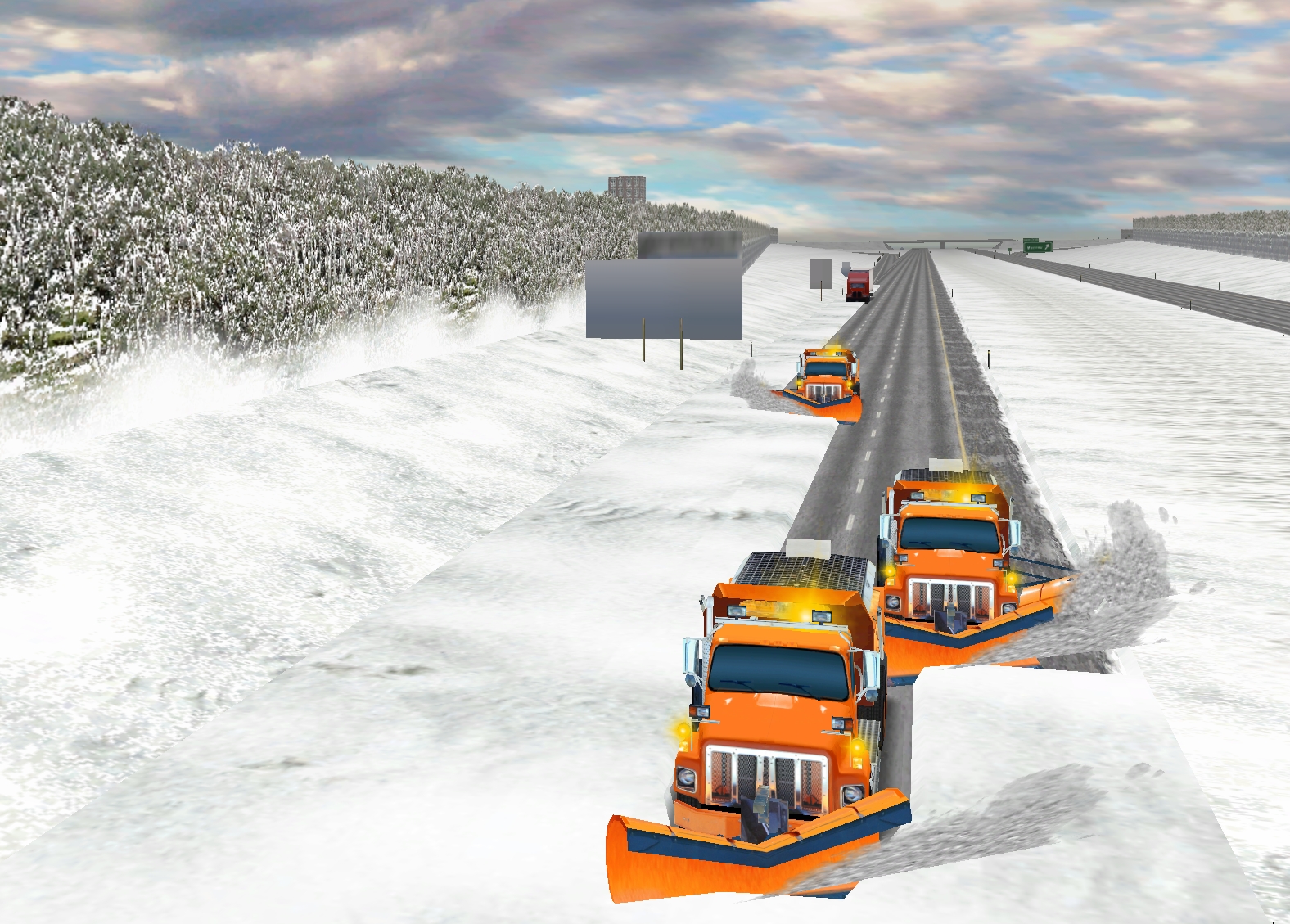 Snowplows clear a freeway in a virtual reality driving environment used in a program to train Utah Department of Transportation snowplow operators. Psychology Professor David Strayer of the University of Utah helped develop the training program.