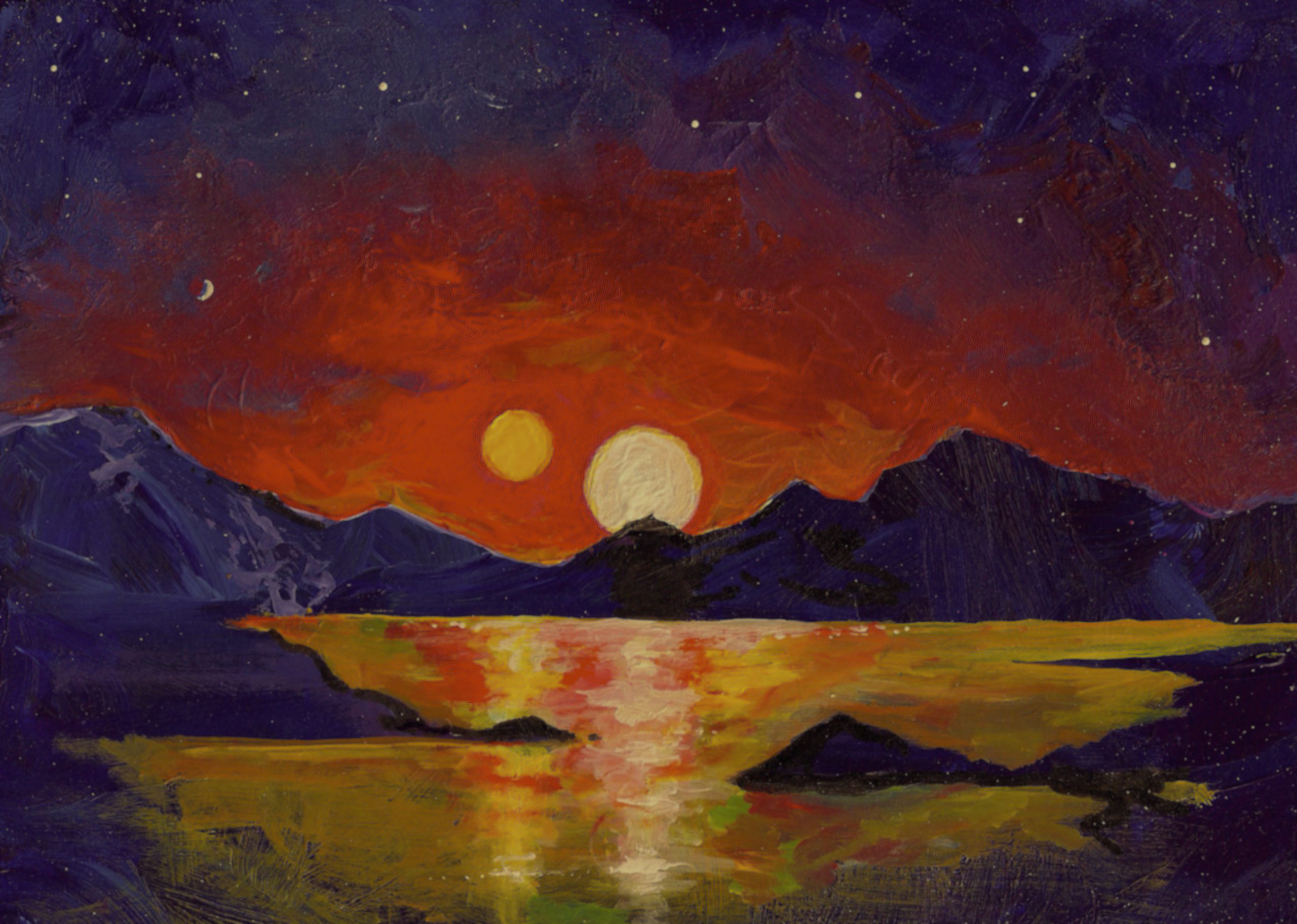 In this acrylic painting, University of Utah astrophysicist Ben Bromley envisions the view of a double sunset from an uninhabited Earthlike planet orbiting a pair of binary stars. In a new study, Bromley and Scott Kenyon of the Smithsonian Astrophysical Observatory performed mathematical analysis and simulations showing that it is possible for a rocky planet to form around binary stars, like Luke Skywalker’s home planet Tatooine in the “Star Wars” films. So far, NASA’s Kepler space telescope has found only gas-giant planets like Saturn or Neptune orbiting binary stars.